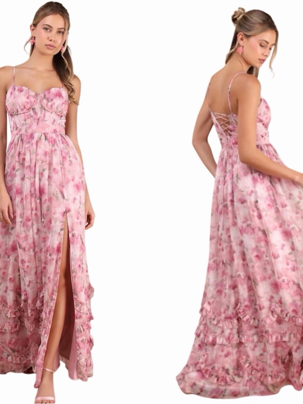 Lulu's Pink Floral Spaghetti-Strap Maxi Dress with Slit - Picture 2 of 4